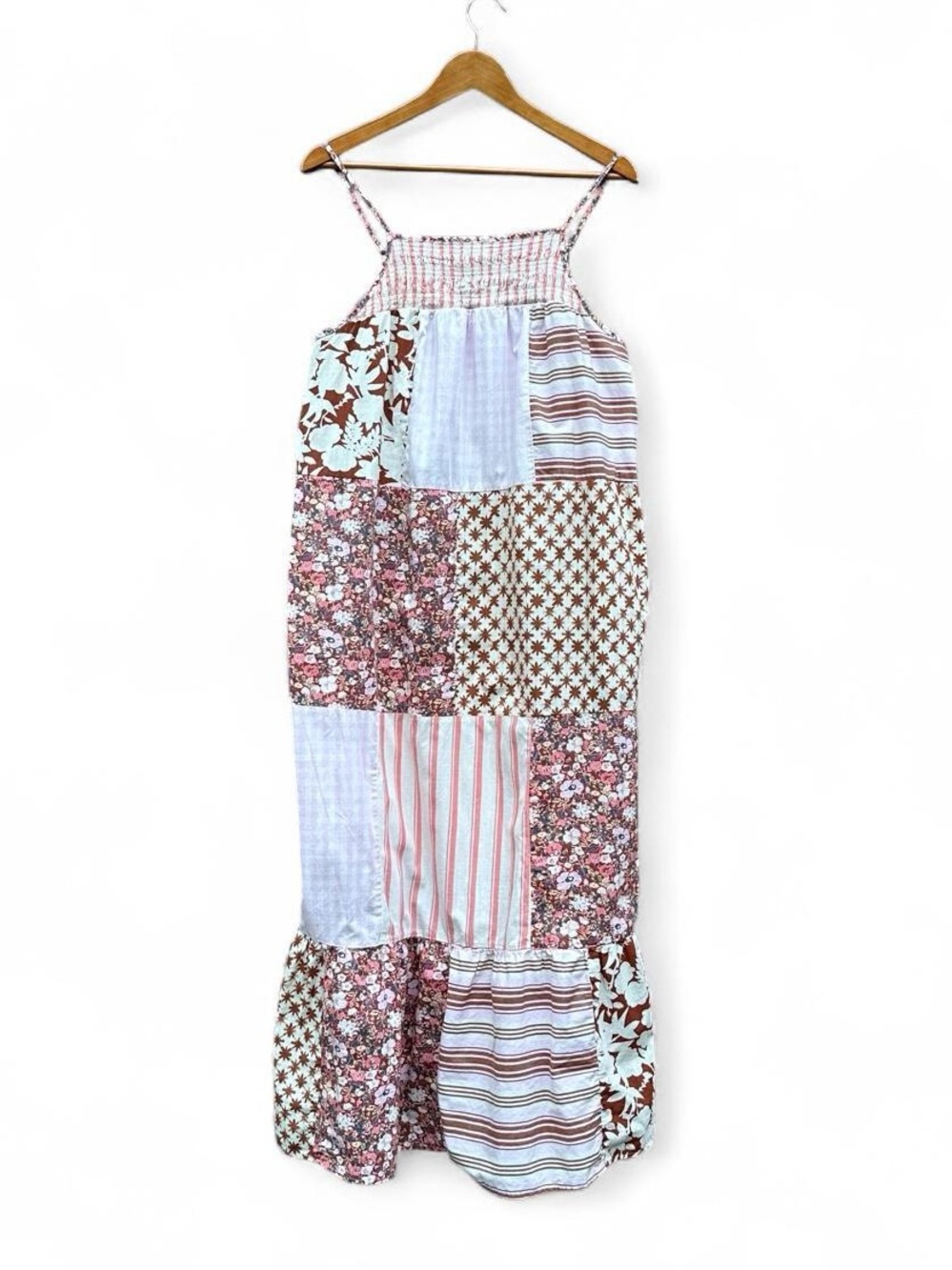 Universal Thread Patchwork Maxi Dress L Large Pink Brown Floral Stripe Hippie